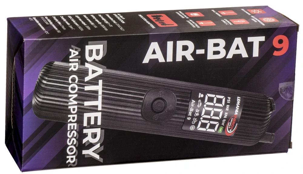 Kompaktní akumulátorový kompresor AIR-BAT 9 LEMANIA ENERGY maximální tlak 10,3 bar (150 PSI), vestavěnéLED osvětlení