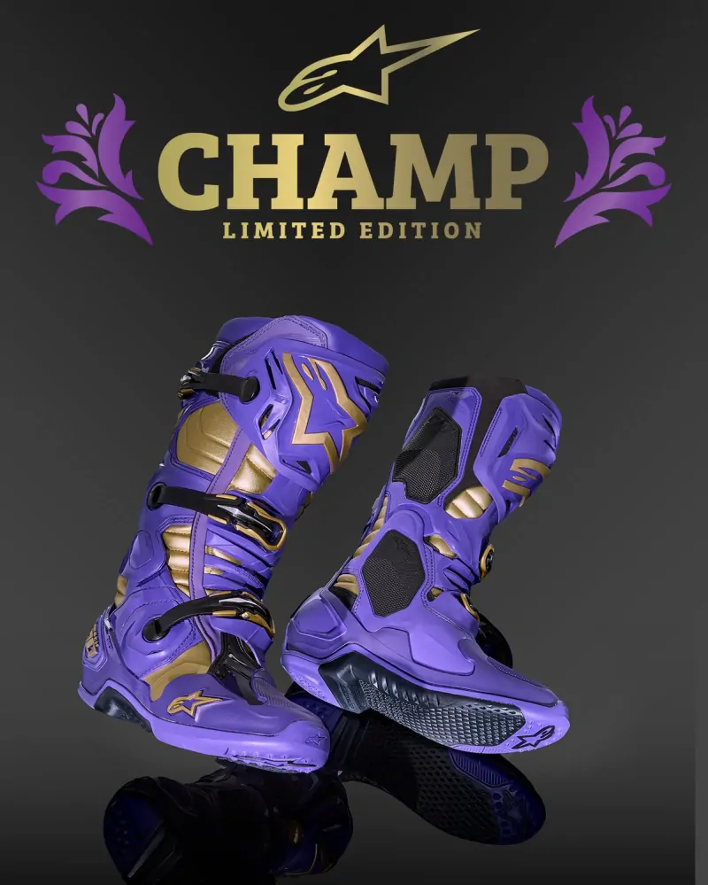 Motokrosové boty ALPINESTARS TECH 10 CHAMP LIMITOVANÁ EDICE FIALOVÁ/ZLATÁ