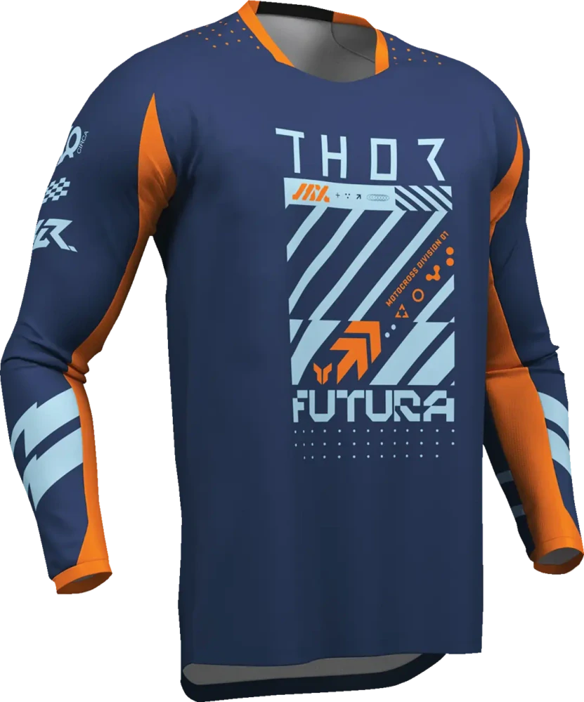 Dětský sportovní motokrosový komplet kalhot a dresu THOR LAUNCHMODE RACEWEAR FUTURA barva navy modrá/oranžová