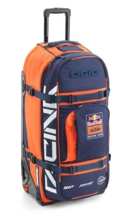 Velká textilní cestovní motokrosová taška na kolečkách s teleskopickou rukojetí  KTM REPLICA TEAM TRAVEL BAG 9800 PRO barva modrá/oranžová, objem 122 litrů