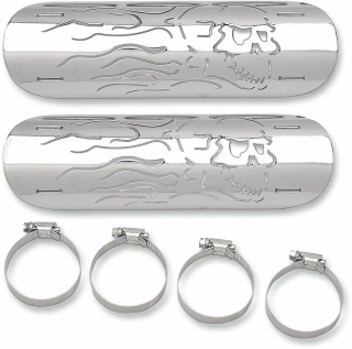 Kryty svodu výfuku DRAG SPECIALTIES HEAT SHIELD FLAME SKULL pro výfukové potrubí o průměru 50,8 mm - 57,2 mm