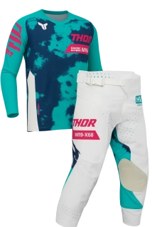 Dětský sportovní motokrosový komplet kalhot a dresu THOR LAUNCHMODE RACEWEAR BLEACH barva bílá/aqua