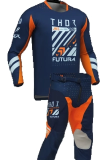 a Dětský sportovní motokrosový komplet kalhot a dresu THOR LAUNCHMODE RACEWEAR FUTURA barva navy modrá/oranžová velikost 28+XL