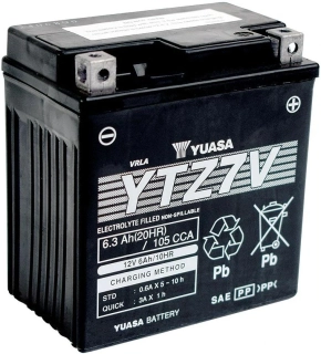 Motocyklová baterie / motobaterie YUASA MF AGM YTZ7V, 6,3Ah, 105A, 12V  rozměr 113x70x120 mm 