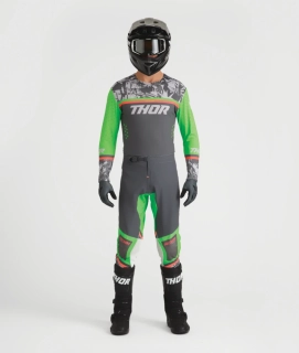 a Lehký a pružný motokrosový - enduro komplet kalhot a dresu THOR SPORTMODE PUNKD barva šedá/zelená velikost 32+M