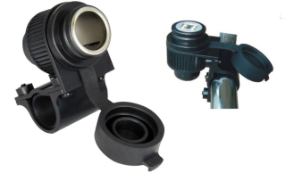 a Zásuvka 12 V OXFORD 12V standard s objímkou pro uchycení k řidítkům motocyklu