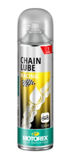 a Sprej s teflonem na řetězy s o-kroužky, x-kroužky, i bez nich, vyvinutý pro výkonné a závodní motocykly MOTOREX CHAIN LUBE RACING balení 500 ml