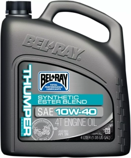 a Olej BEL-RAY THUMPER 10W-40 RACING SYNTHETIC ESTER BLEND 4T ENGINE OIL balení 4 litry